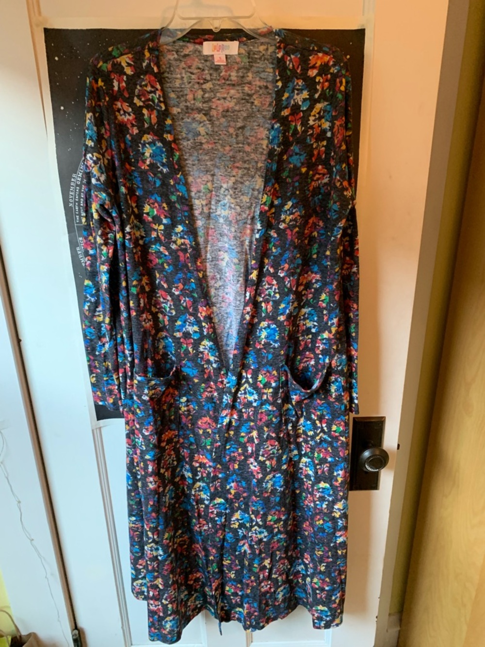 LuLaRoe Charcoal Gray and Rainbow Abstract Print Lightweight Sarah Cardigan, S
